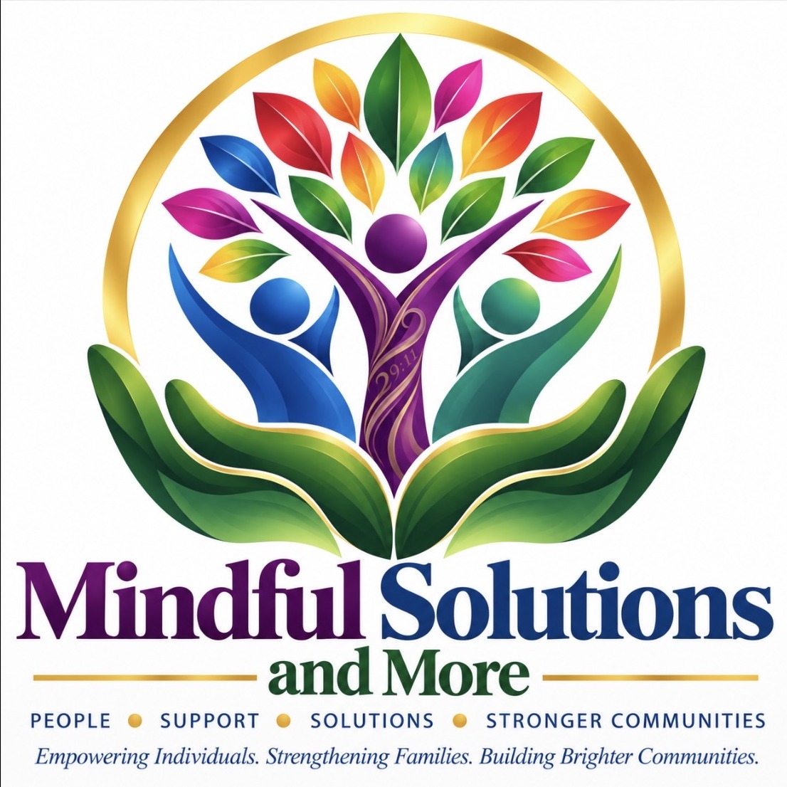 Mindful Solutions and More logo: colorful tree and people held in supporting hands